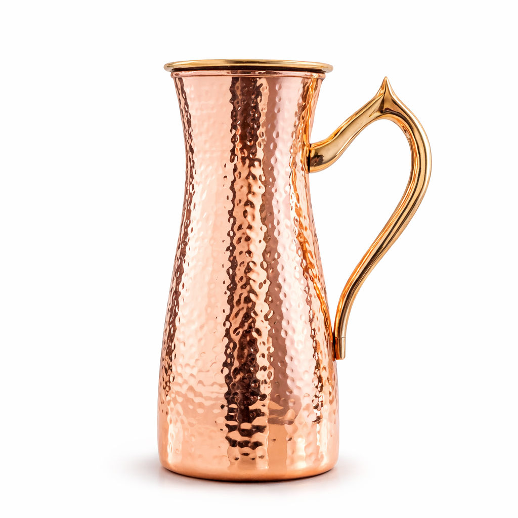 Copper jug with hammered curve design, brass handle & lid –, 1400 ML